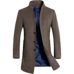 💫 Men Brown Long Trench Coat Wool Blend Outwear Casual Slim Fit Down Topcoat